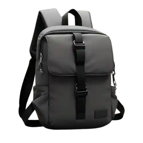 Gray backpack with a front flap, adjustable straps, and two side pockets, designed for style and functionality.