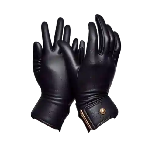 A pair of elegant black leather gloves with a fitted design and gold accents at the wrist, displayed palm up.