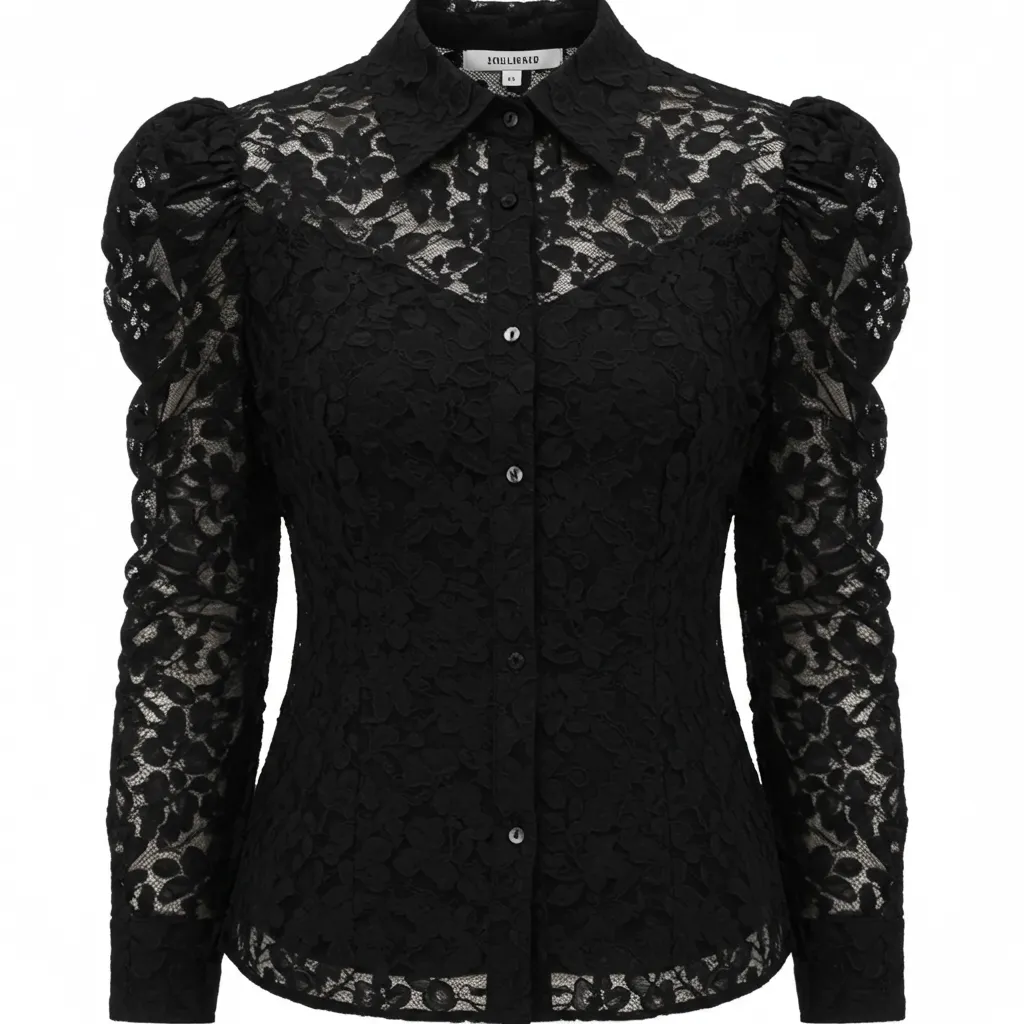 Black lace blouse with a fitted silhouette, featuring long puffed sleeves and a classic collar. The intricate floral lace design covers the front, with buttons down the center for closure. The sleeves are semi-transparent, showcasing a delicate and feminine style.