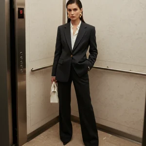 A confident woman stands in an elevator, wearing a tailored dark suit with a white button-up shirt underneath. She holds a small white handbag and has gold earrings. Her hair is sleekly styled, and she poses with one hand in her pocket, exuding a sophisticated and modern aesthetic. The elevator's metallic interior features floor buttons and minimalistic design.