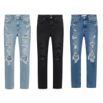 Three pairs of distressed jeans are displayed side by side. The left pair features light blue denim with significant rips and frayed edges. The center pair is solid black with a sleek fit and minimal distressing. The right pair showcases medium blue denim, also heavily distressed with large rips. All three pairs have a straight-leg cut, highlighted by the varying degrees of wear and tear.