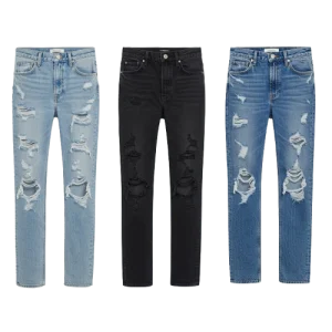 Three pairs of distressed jeans are displayed side by side. The left pair features light blue denim with significant rips and frayed edges. The center pair is solid black with a sleek fit and minimal distressing. The right pair showcases medium blue denim, also heavily distressed with large rips. All three pairs have a straight-leg cut, highlighted by the varying degrees of wear and tear.