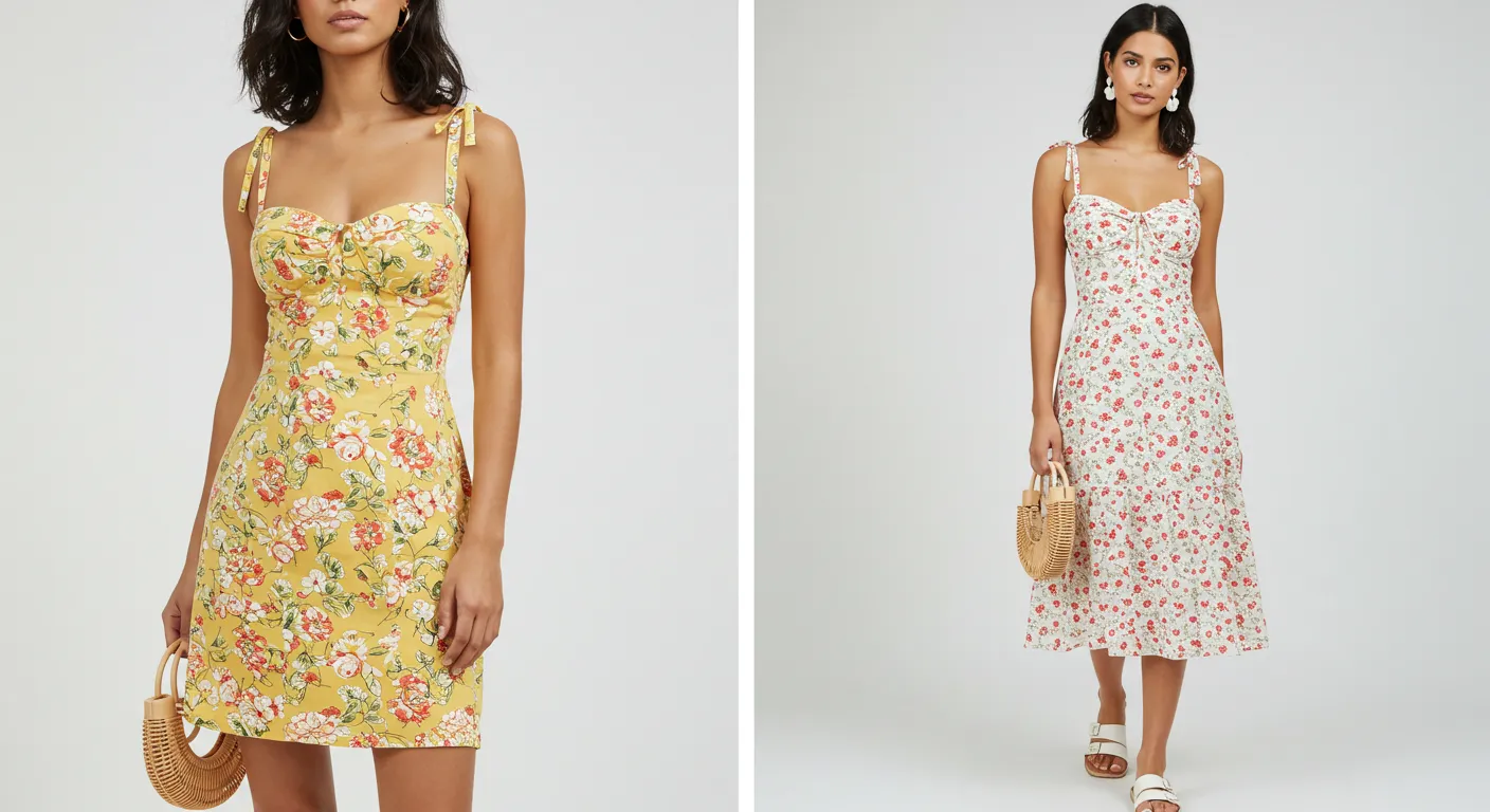 A split image featuring a woman modeling two floral midi summer dresses. On the left, she wears a fitted yellow dress with a sweetheart neckline and colorful floral patterns, holding a round, woven bag. On the right, she models a knee-length white dress adorned with red and pink flowers, complemented by a smaller woven bag. Both dresses feature thin straps and a feminine silhouette against a plain background.