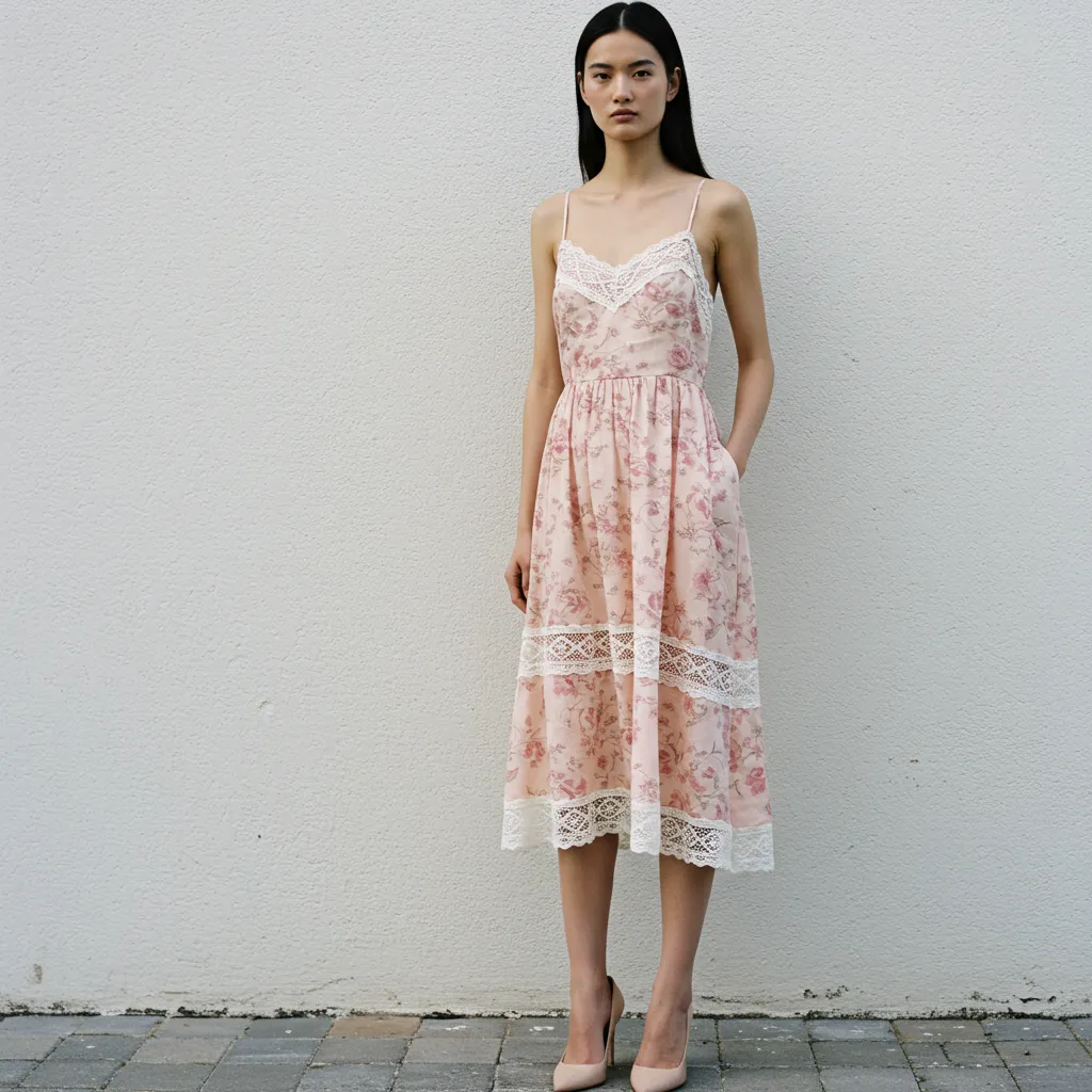 A young woman stands against a plain white wall, wearing a pastel pink floral summer dress with lace trim. The dress features thin spaghetti straps and a fitted bodice that flows into a mid-length skirt with pockets. She pairs the outfit with nude high-heeled shoes, and her long, straight hair falls gracefully over her shoulders. The ground is made of stone tiles, adding texture to the scene.
