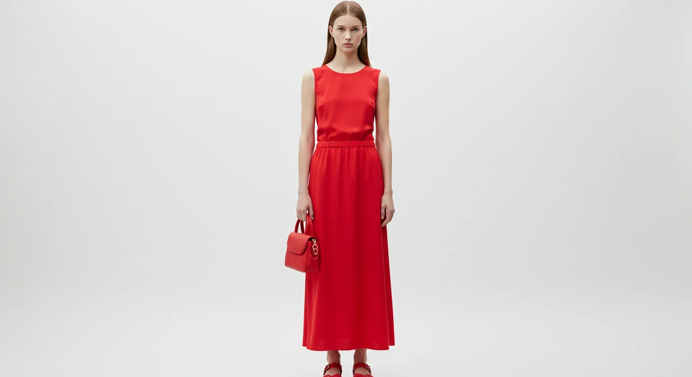 A model stands confidently against a plain white backdrop, wearing a vibrant red sleeveless summer dress that falls to the ankles, cinched at the waist for a flattering silhouette. She holds a small, stylish red handbag with a quilted texture in her right hand, and her matching red shoes complement the outfit. The model's long, straight hair frames her face, enhancing the bold color of her attire.