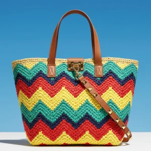 Colorful woven tote bag with a zigzag pattern in red, yellow, green, and blue, featuring brown leather handles and a detachable strap adorned with gold pyramid studs. The background shows a bright blue sky, emphasizing the bag's vibrant colors on a reflective surface.