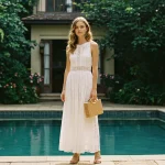 A woman stands elegantly by a pool, wearing a long, white lace summer dress with a fitted bodice and flowing skirt. She holds a small woven handbag and has soft, wavy hair. The background features lush greenery and flowers, with an inviting home behind her. Sunlight casts a warm glow over the scene.